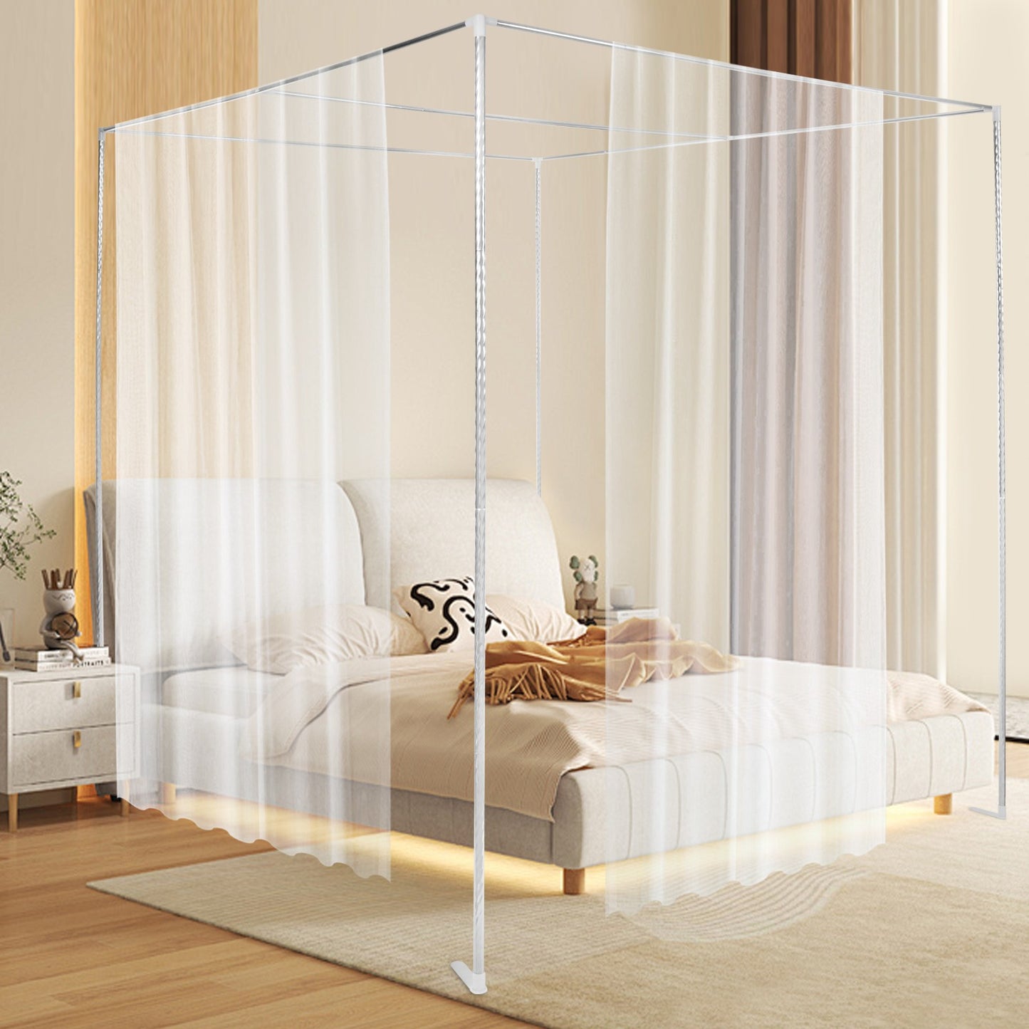 Detachable Mosquito Net Frame?Silver Rust-proof Stainless Steel Bedding Canopy Frame?for 4 Corner Bed for Twin/Full Size Bed