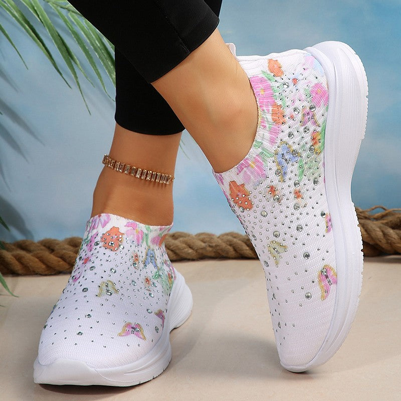 Floral Crystal Decor Slip On Sneakers Women Plus Size 35-43 Breathable Mesh Sports Shoes Woman Comfortable Soft Sole Flats Shoes