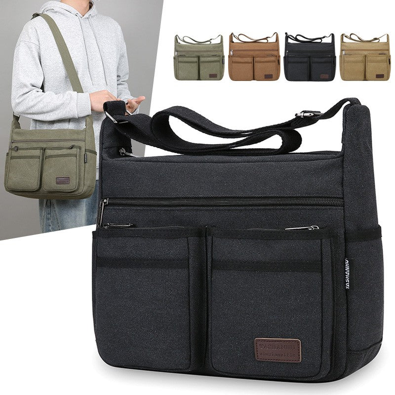 Neutral business casual crossbody bag - adjustable shoulder straps, multiple zippered compartments, durable black polyester lini