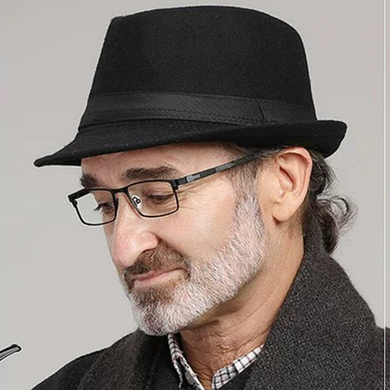 New Fashion Casual Topper for Men British Fashion Black Jazz Hat Wool Versatile Middle-aged Elderly Hat Elegent Trend Fedoras