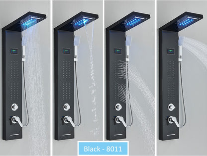 Sistema de Torre de Painel de Chuveiro de LED Coluna de Chuveiro de Cascata de Chuva com Tela LCD de Hidroeletricidade com Torneira de Chuveiro de Spa de Corpo com Massagem