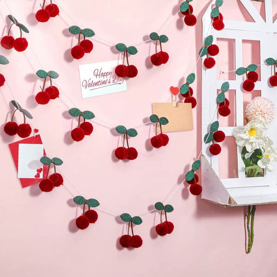Cherry Garland Decoration Cherries Birthday Wedding Decoration Christmas Pompom Threading Banner Bedroom Wall Decoration Hanging