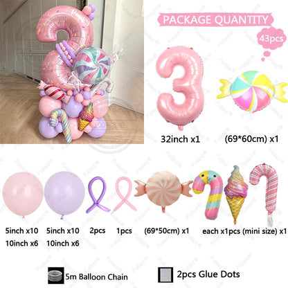 Sweet Pink Lollipop Theme Balloon Column with 32inch Number IcecreamHappy Birthday Party Decora Gifts Supplies