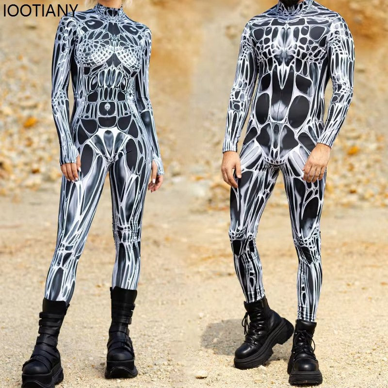 Unisex Sexy Black White Graphic Print Jumpsuit Halloween Line Art Muscle Cosplay Bodysuit Holiday Party Zentai Suit Rave Catsuit