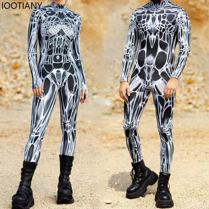 Unisex Sexy Black White Graphic Print Jumpsuit Halloween Line Art Muscle Cosplay Bodysuit Holiday Party Zentai Suit Rave Catsuit