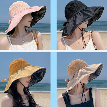 Summer Sun hat women's straw woven anti ultraviolet sun visor hat with big brim seaside black glue breathable Bucket hat sun hat