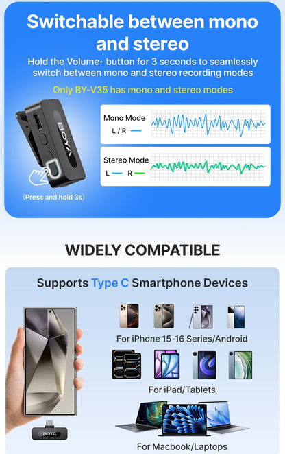 BOYA BY-V3 Microfone de Lapela Sem Fio com Cancelamento de Ruído Recarregável para iPhone Android Câmera Transmissão ao Vivo Vlogging