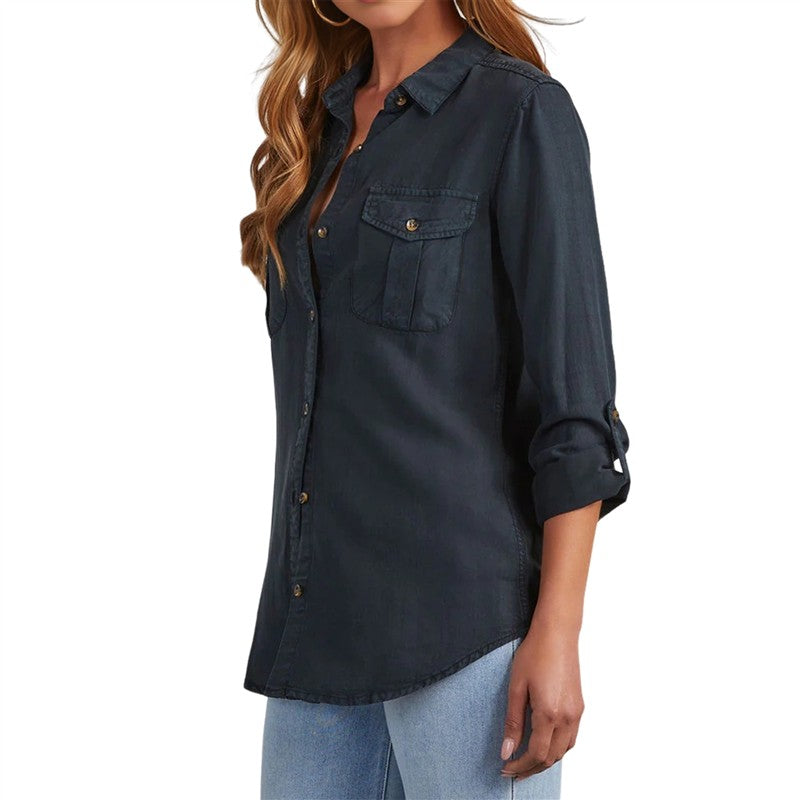 CGS-Women Double Pockets Spliced Decoration Denim Shirt Jacket Single-Breasted Lapel Casual Female Tops