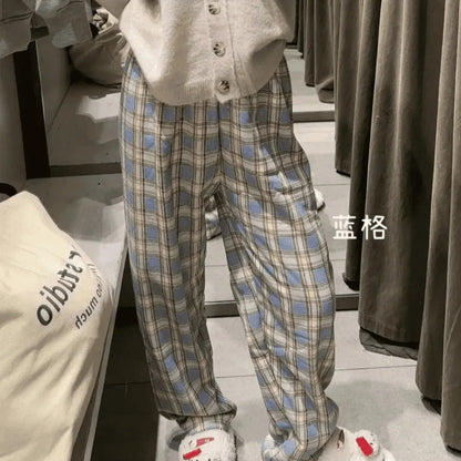 Lamb Velvet Fleece Lined Plaid Wide Leg Pants High Waist Straight Cut Winter New Casual Trousers for Women Korean Style