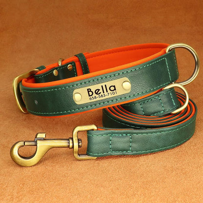 Conjunto Personalizado de Coleira e Guia de Couro para Cães Coleira de Couro Acolchoada Macia para Cães de Pequeno, Médio e Grande Porte com Placa de Identificação Grátis