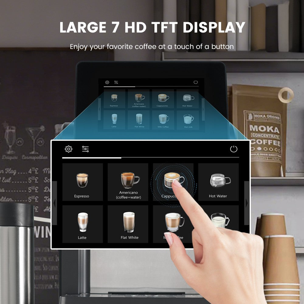Mcilpoog WS817-Plus Máquina de café expresso automática com tela grande colorida de 7", com bico vaporizador, 21 sabores para casa e escritório