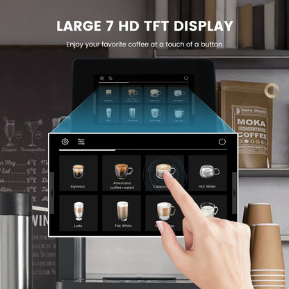 Mcilpoog WS817-Plus Máquina de café expresso automática com tela grande colorida de 7", com bico vaporizador, 21 sabores para casa e escritório
