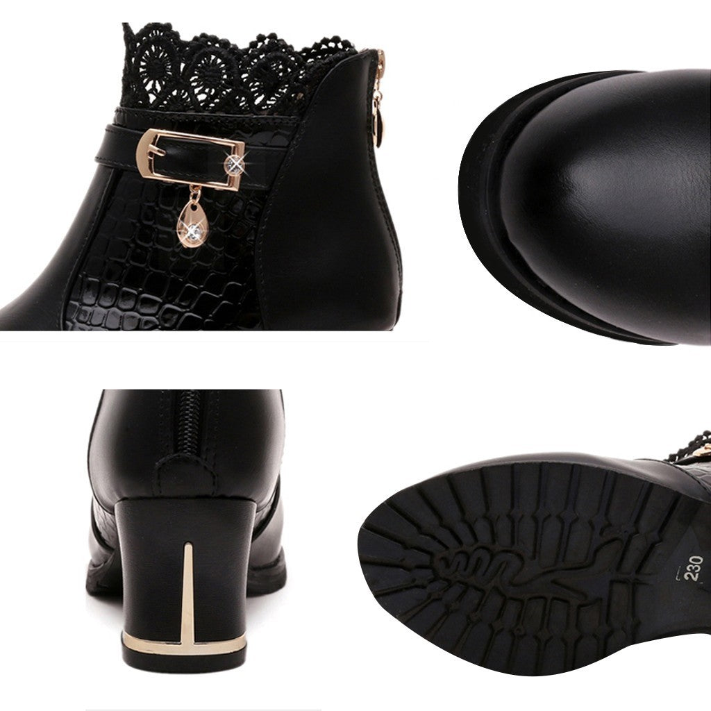 Women'S Ladies Boots Fall Winter Vintage Leather Lace Short Boots Shoes Women'S Fashion Lace Trim Boots Mid-Heeled Boots