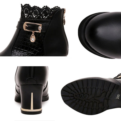 Women'S Ladies Boots Fall Winter Vintage Leather Lace Short Boots Shoes Women'S Fashion Lace Trim Boots Mid-Heeled Boots