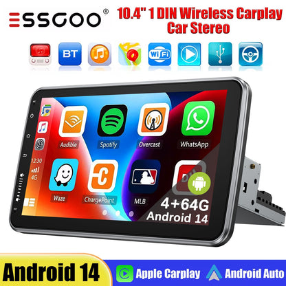 ESSGOO 10.1 Inch 4+64GB Rotatable IPS Touchscreen Single 1 DIN Car Stereo Wireless Apple Carplay Android Auto FM Bluetooth GPS