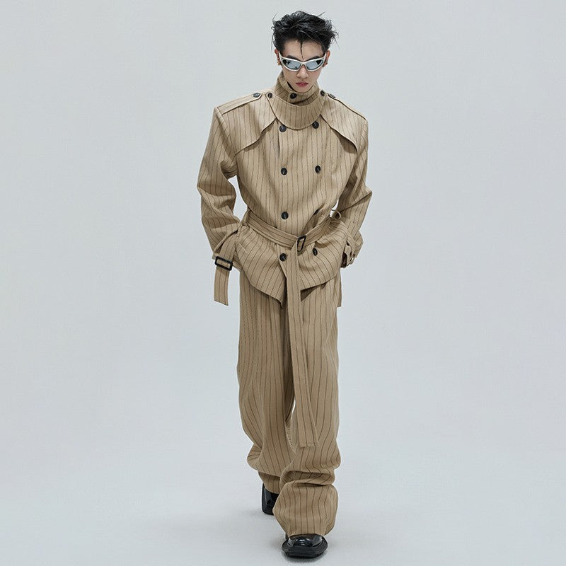 LUZHEN Fashion Stripe Printed Stand Neck Double Breasted Male Coat 2025 Autumn New Handsome Straight Casual Trousers Men JY4780