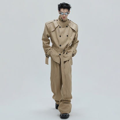 LUZHEN Fashion Stripe Printed Stand Neck Double Breasted Male Coat 2025 Autumn New Handsome Straight Casual Trousers Men JY4780