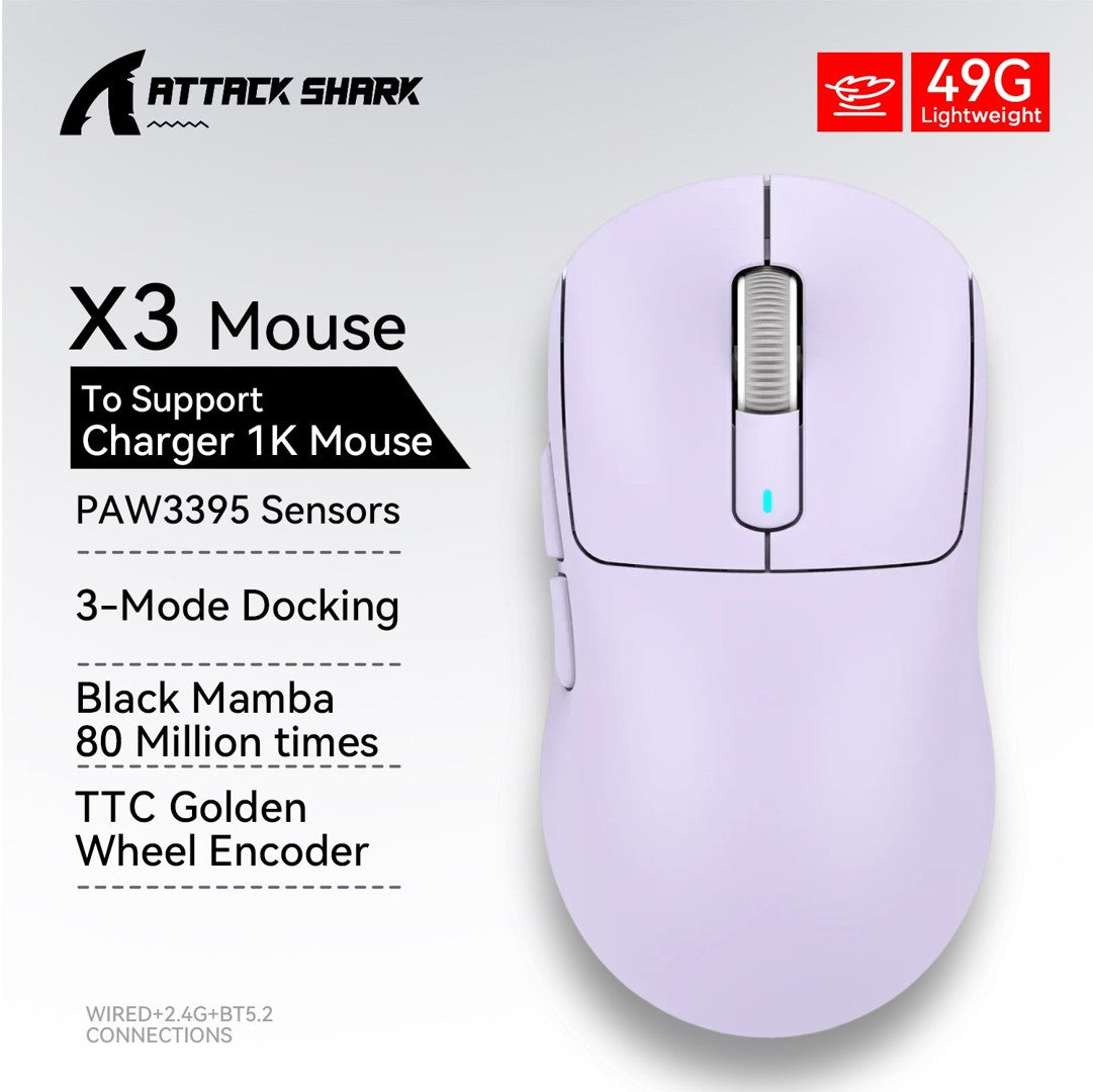 Mouse gamer sem fio 3-mode macro Attack Shark X3orX3Pro PixArt 1K/4K leve, 26K DPI PAW3395, adequado para laptop/Win/Mac