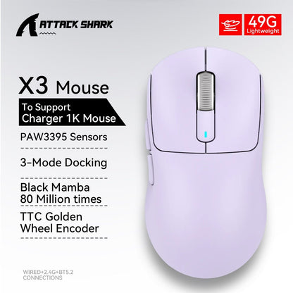 Mouse gamer sem fio 3-mode macro Attack Shark X3orX3Pro PixArt 1K/4K leve, 26K DPI PAW3395, adequado para laptop/Win/Mac