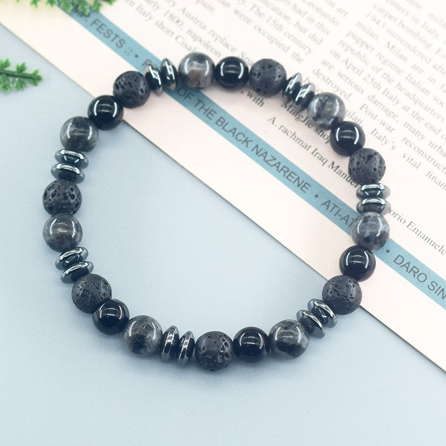 Pulseira Clássica Preta de Contas de Pedra Vulcânica Labradorita Natural, Joia Masculina e Feminina de Proteção Espiritual e Equilíbrio Energético