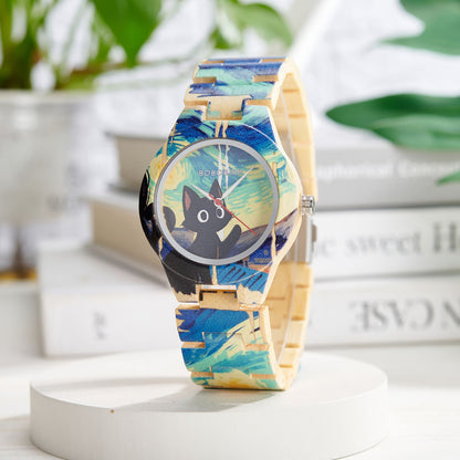BOBOBIRD Women's Wooden Wristwatch Artistic Ladies Bamboo Quartz Watches Unique Illustration Eco-Friendly Timepieces for Women