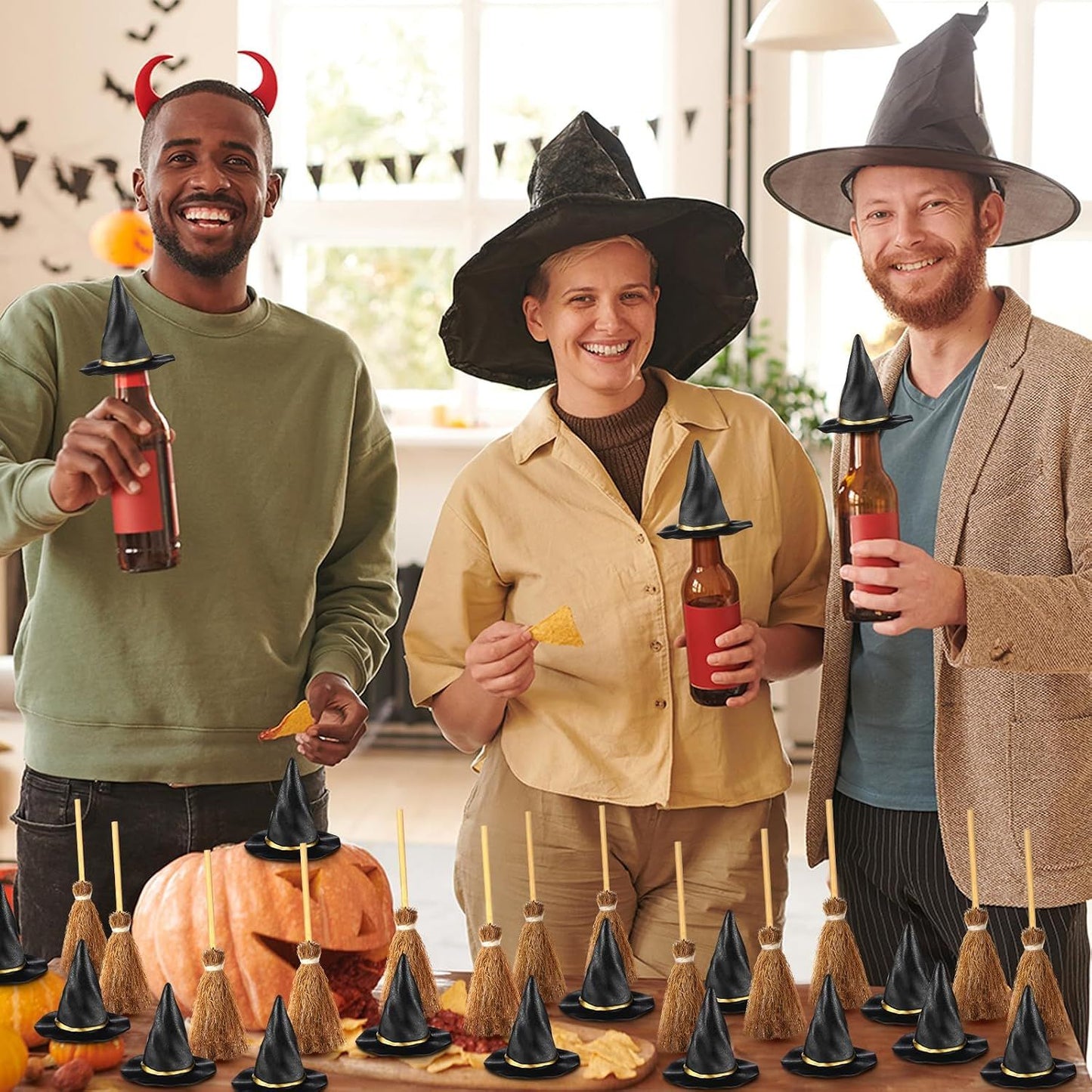 10-50Pcs Mini Witch Hat with Mini Broom Miniature Straw Brooms with Red Rope for Halloween Party Craft Witches Decor Accessory