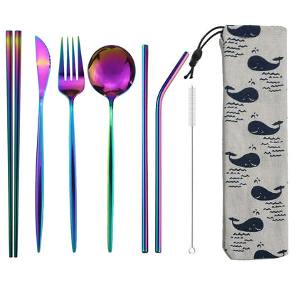 Conjunto de Talheres de 8 Peças Portátil para Viagem, Azul, Faca, Garfo, Colher, Hashis e Canudo de Aço Inoxidável com Bolsa
