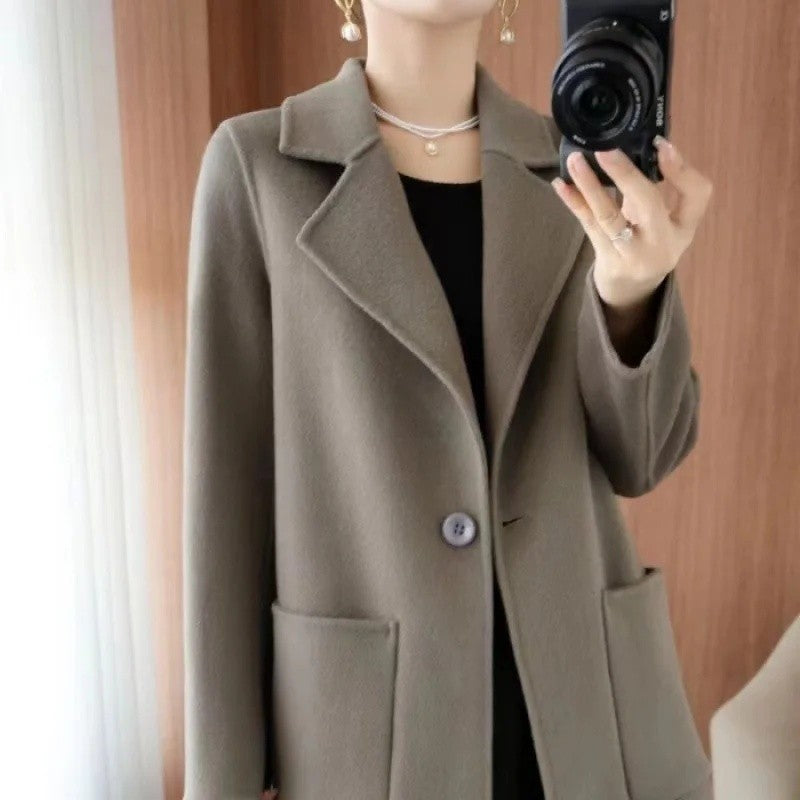 Ladies' Fashionable Woolen Coat Autumn Winter High End Medium Length Leisure Style Woolen Outerwear Pure Color Full Sleeve