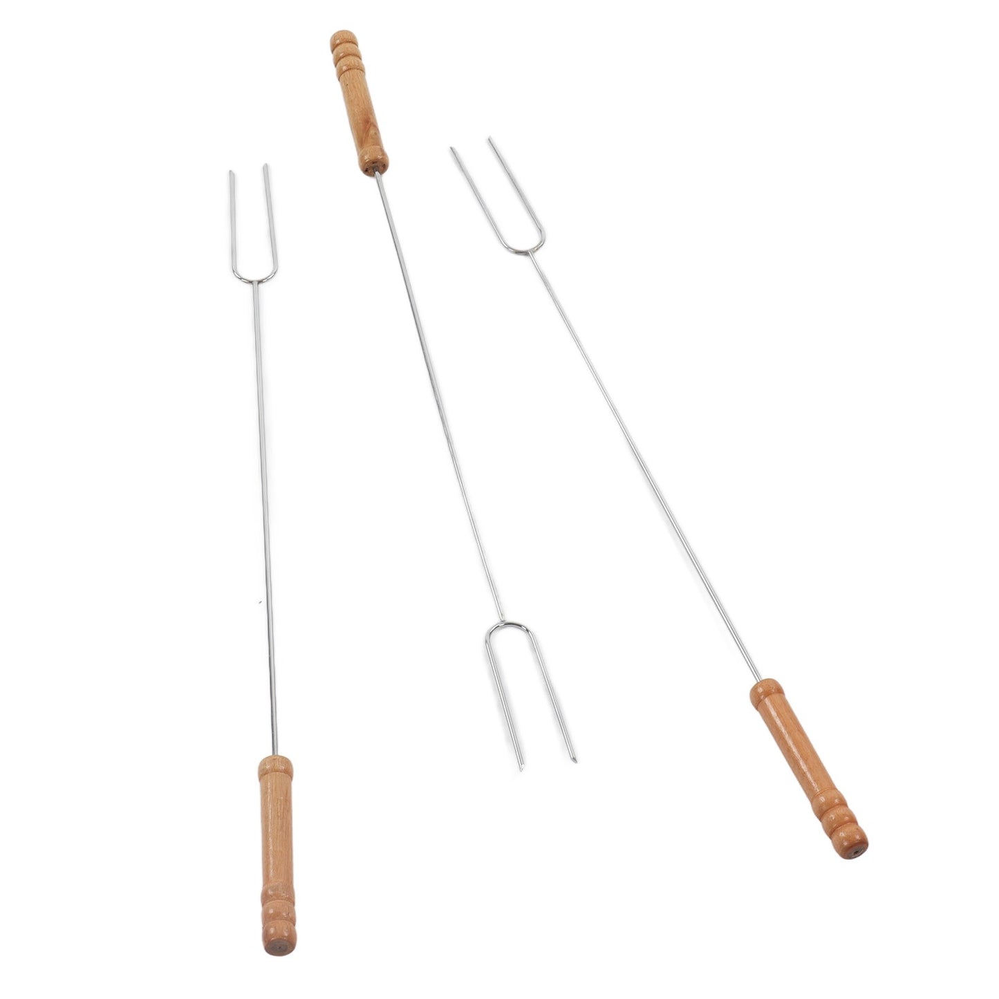 3Pcs 47.2cm Barbecue Forks Multifunctional Stainless Steel Roasting Stick with Beech Wood Handle for Outdoor BBQ Camping