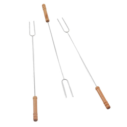 3Pcs 47.2cm Barbecue Forks Multifunctional Stainless Steel Roasting Stick with Beech Wood Handle for Outdoor BBQ Camping