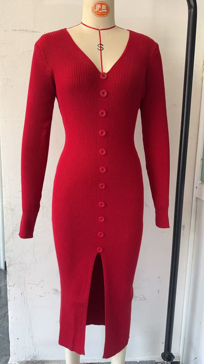 2025 Knitted Dress For Women Vintage Fashion Long Sleeve Dresses Solid Single Breasted V Neck Midi Autumn Winter Dress ???????