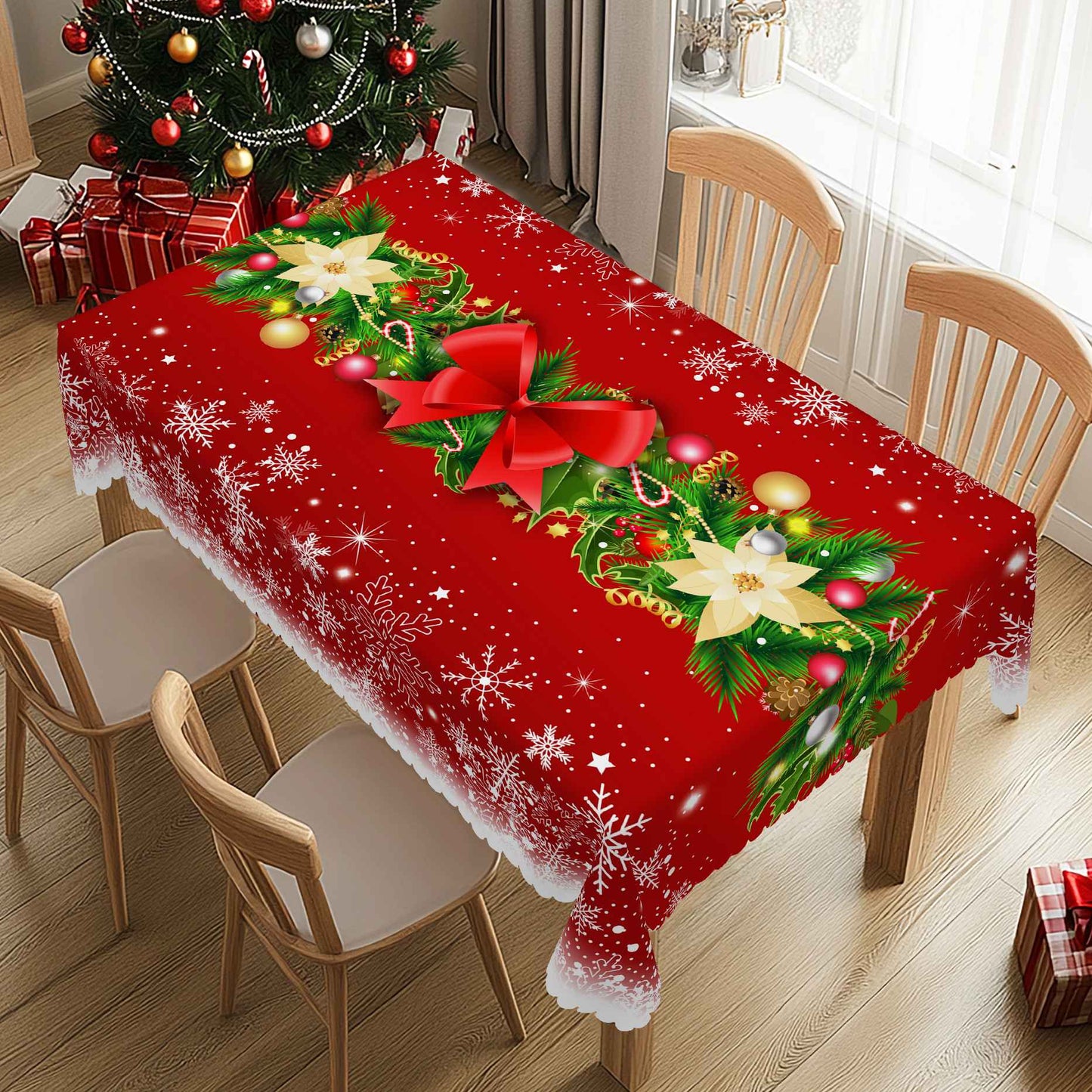 1 Piece Christmas Round and Rectangular Tablecloth, Various Sizes, Christmas Gift Box Bow Snowflake Print Pattern Design Tablecloth for Daily Home Kitchen, Terrace Use, Gifts