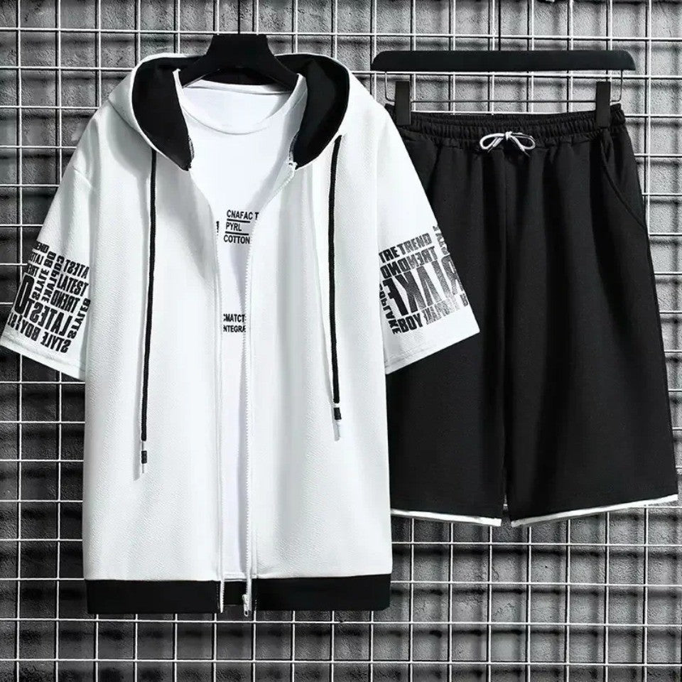 Summer Thin Men's Sports Suit 2-piece Set Casual Hooded Quick Dry Running Exercise Clothes Short Sleeve Shorts