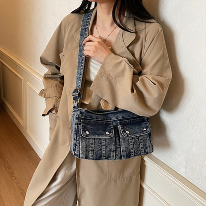 Vintage Washed Canvas Fashionable Bag, Women's Crossbody Bag, Large Capacity Commuting Casual Denim Shoulder Bag