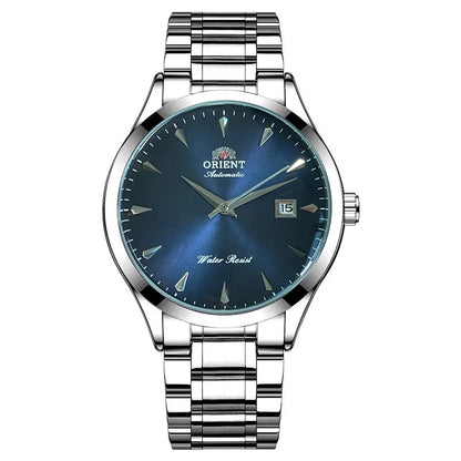 Orient Automático Masculino, Mostrador Preto, Pulseira de Aço Inoxidável, Relógio de Pulso Clássico de Negócios Resistente à Água com Exibição de Data