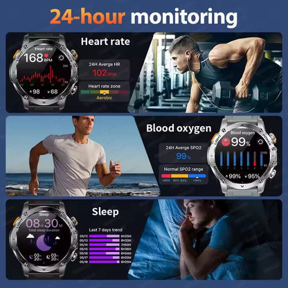 New Outdoor Sports Smart Watch 1.7" HD AMOLDE Screen 1000mAh Battery LED Flashlight IP68 Waterproof BT Call Military Smartwatch