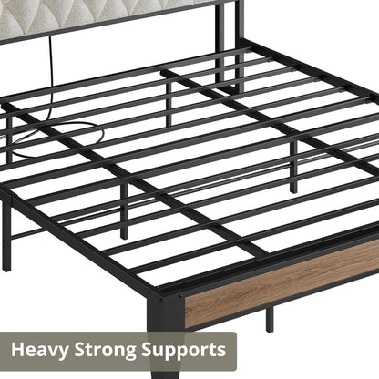 California King Bed Frame, Storage Headboard with Charging Station, Platform Bed Frame with Strong Metal Support, Sturdy
