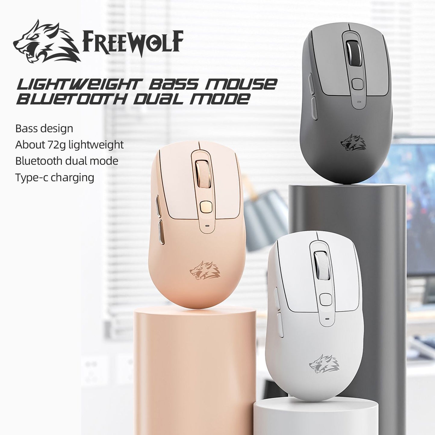 FREEWOLF A3 Wireless Silent Mouse ABS Pink Skin Not Fade Bluetooth Dual Mode Power Linght,5-Speed DPI,PAW3212 Chip Silent Design