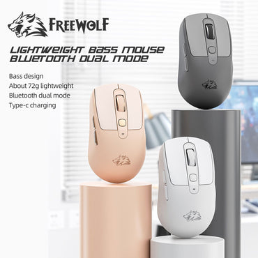 FREEWOLF A3 Wireless Silent Mouse ABS Pink Skin Not Fade Bluetooth Dual Mode Power Linght,5-Speed DPI,PAW3212 Chip Silent Design