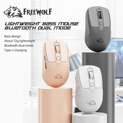 FREEWOLF A3 Wireless Silent Mouse ABS Pink Skin Not Fade Bluetooth Dual Mode Power Linght,5-Speed DPI,PAW3212 Chip Silent Design