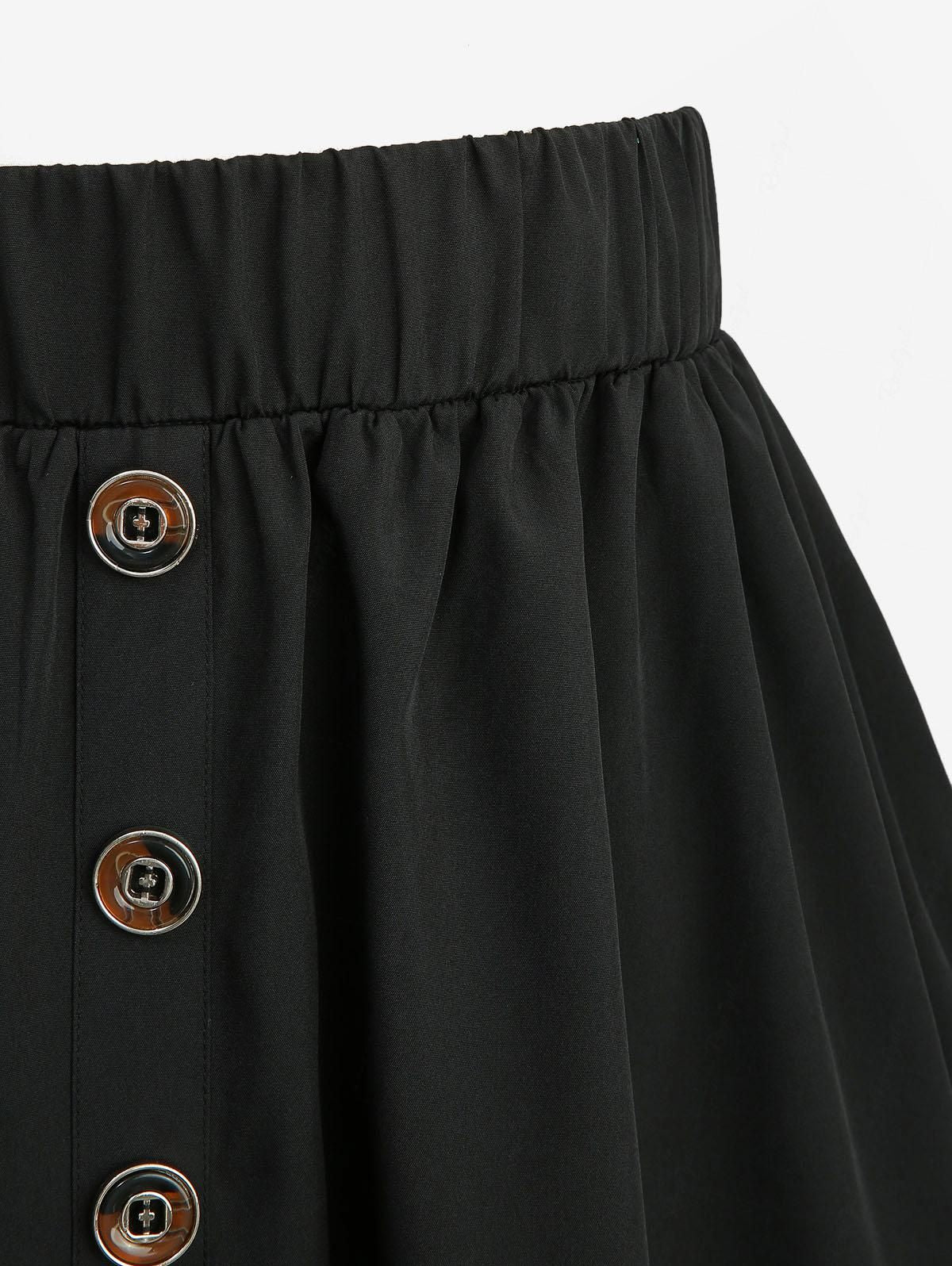 ROSEGAL Plus Size Women's Vintage Stretch High Waist Flared Midi Skirts with Pockets Black Casual Mock Buttons Layered Skirt 5XL