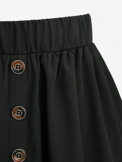 ROSEGAL Plus Size Women's Vintage Stretch High Waist Flared Midi Skirts with Pockets Black Casual Mock Buttons Layered Skirt 5XL