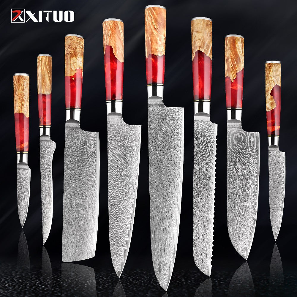 XITUO Conjunto de Facas de Cozinha de Aço Damasco de 1 a 9 Peças Inclui Faca do Chefe, Faca de Pão, Cutelo, Faca Santoku, Faca Nakiri para Desossar