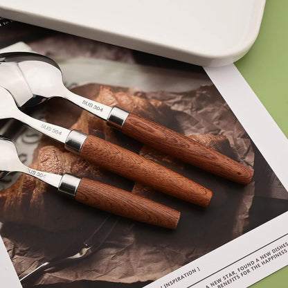 8/16/24 Peças Talheres de Aço Inoxidável 304 com Cabo de Madeira Imitação Jogo de Jantar Utensílios de Mesa Ocidentais Faca Garfo Colher de Chá Prata
