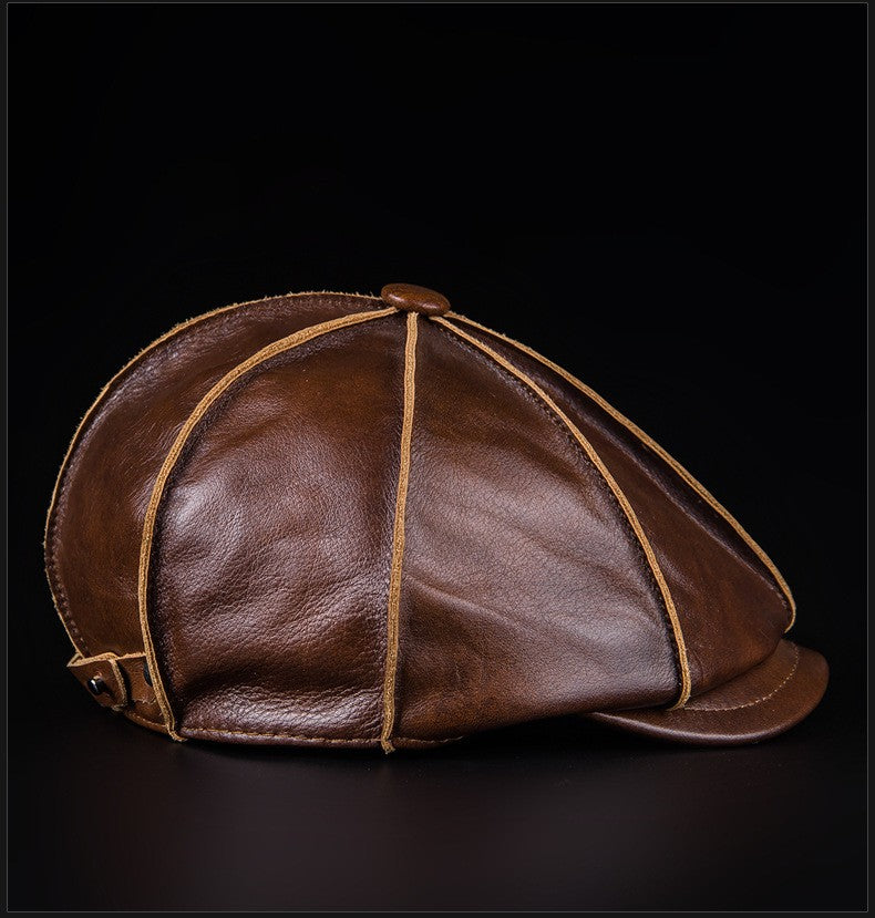 Men's Beret 100% Genuine Leather Head Layer Cowhide Outdoor Warm Octagonal Cap Waterproof Soft Wear Four Seasons Appropriate