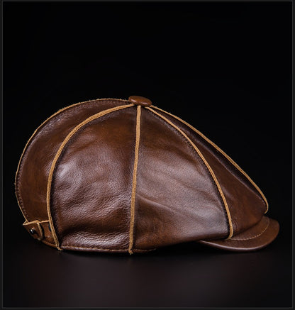 Men's Beret 100% Genuine Leather Head Layer Cowhide Outdoor Warm Octagonal Cap Waterproof Soft Wear Four Seasons Appropriate