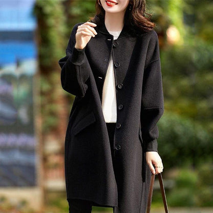 Women's Black Wool Coat 2025 Autumn New Fashion Long Slim Fit Casual Versatile Overcoat