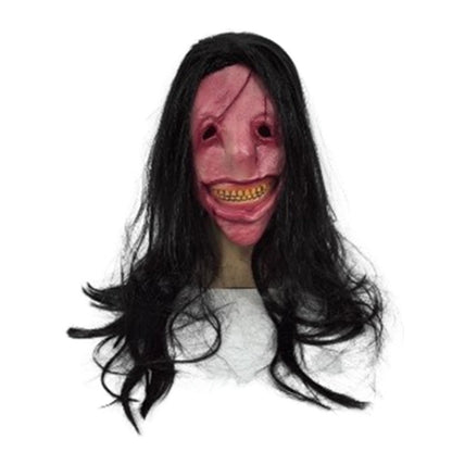 Scary Long Hair Red Face Devil Mask Exposed Teeth Latex Headgear Wig Horror Face Masks Creativity Spooky Scary Demon Mask