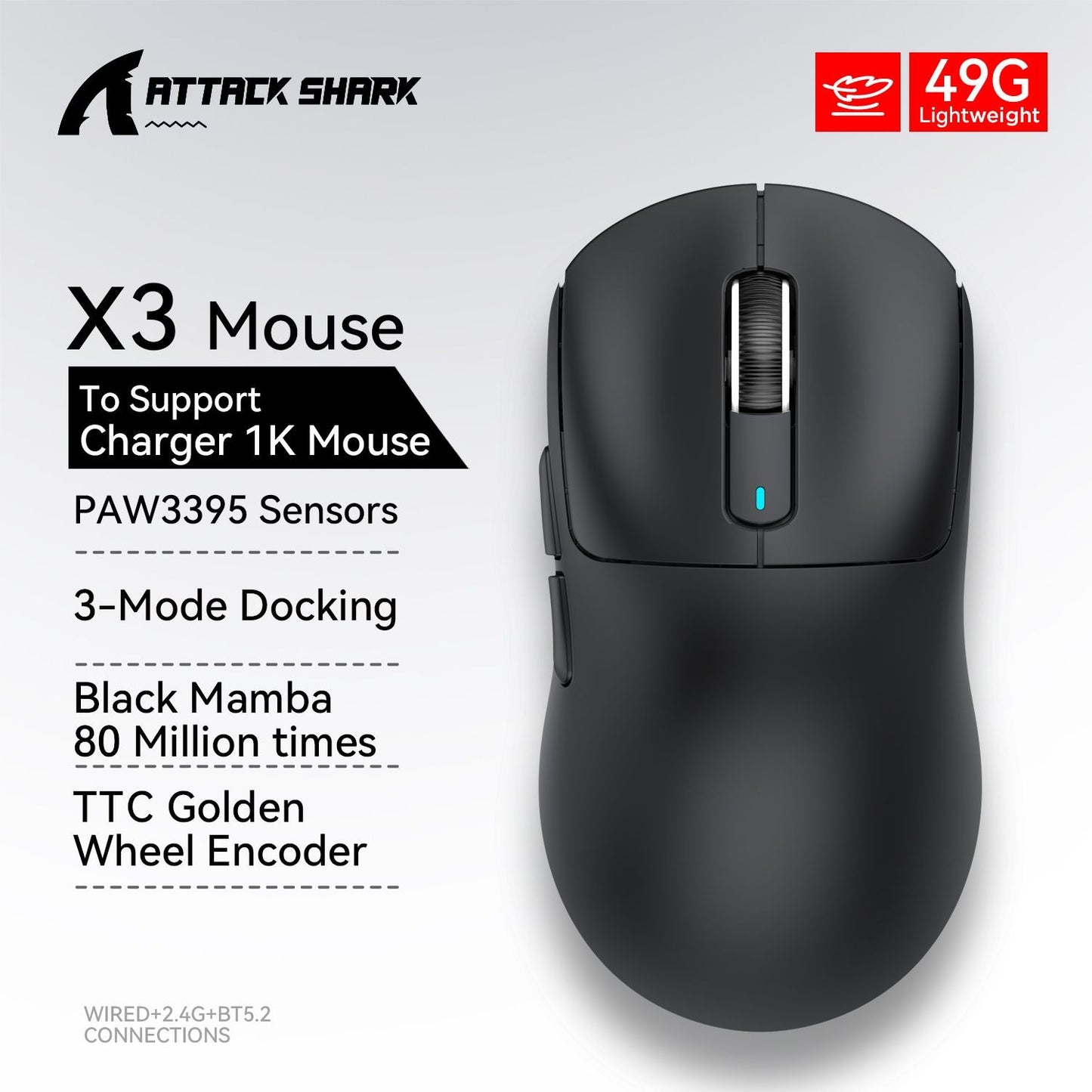 Mouse gamer sem fio 3-mode macro Attack Shark X3orX3Pro PixArt 1K/4K leve, 26K DPI PAW3395, adequado para laptop/Win/Mac