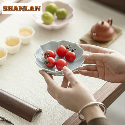 Creative Lotus Pattern Fruit Plate Zen Ceramic Snack Plate Retro Fruit Dishes Boutique Pastry Plate Hospitality Dishes Crafts